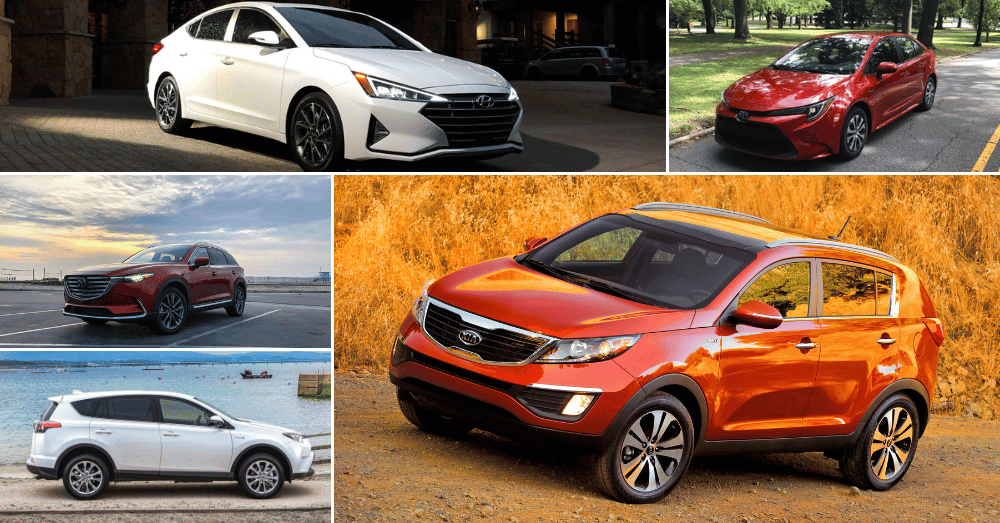 Best Pre-Owned Cars for your Bucks in 2024 - clockwise - Hyundai Elantra - Toyota Corolla - Kia Sportage - Toyota RAV4 - Mazda CX-9