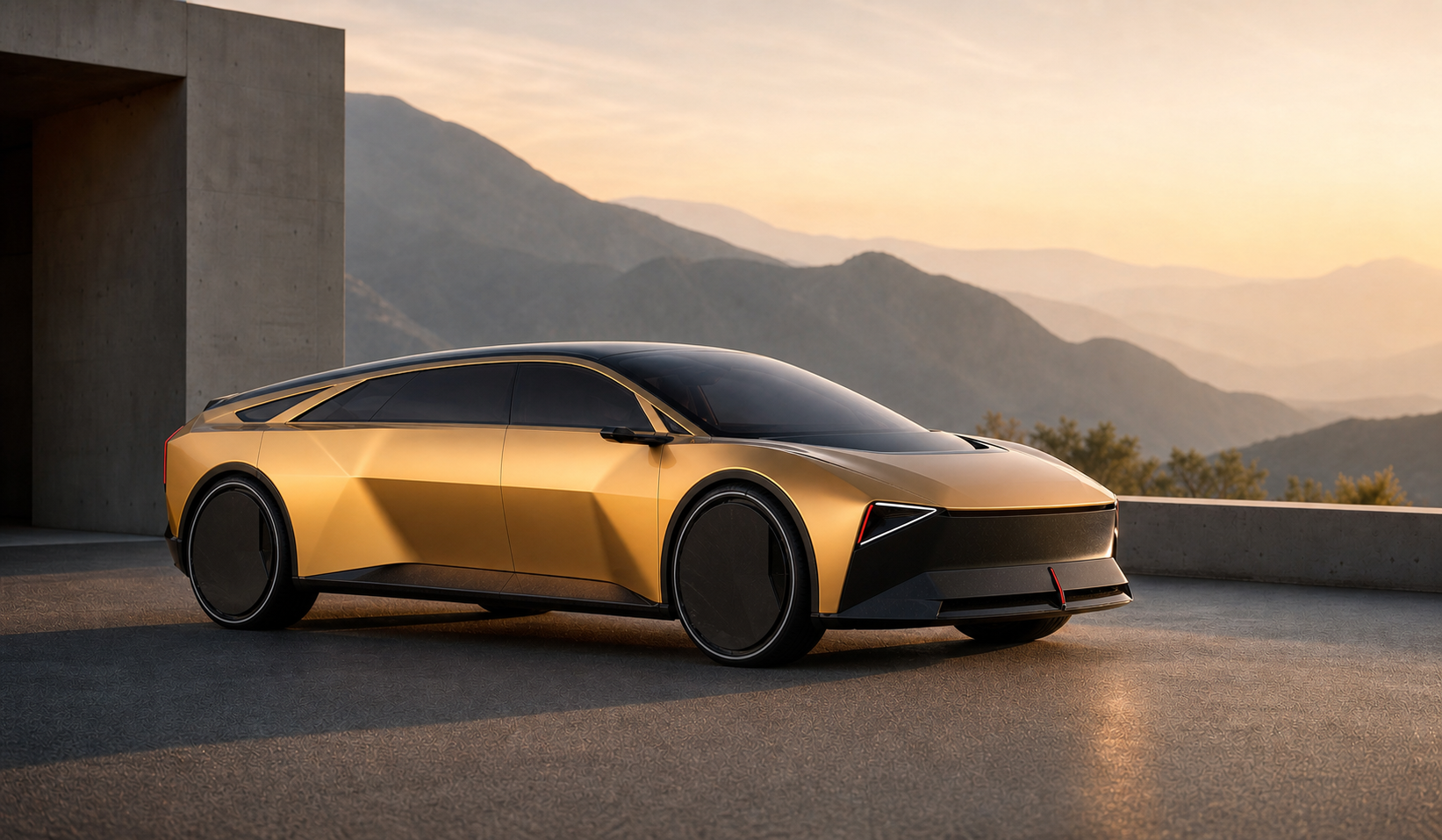 Gold electric shooting-brake concept on a mountain road at sunset