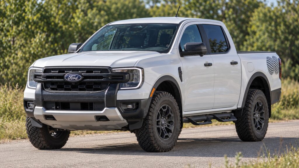 Camouflaged Ford Ranger test pickup on a test road