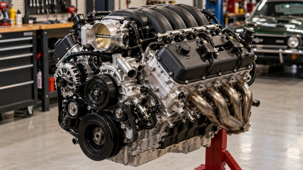V8 engine mounted on a red stand in an automotive workshop.