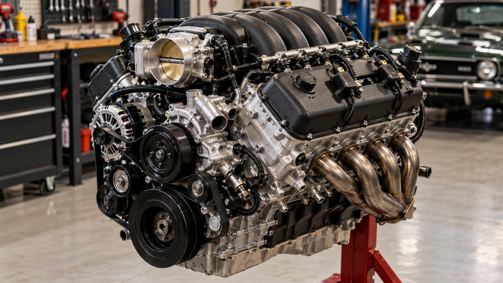 V8 engine mounted on a red stand in an automotive workshop.