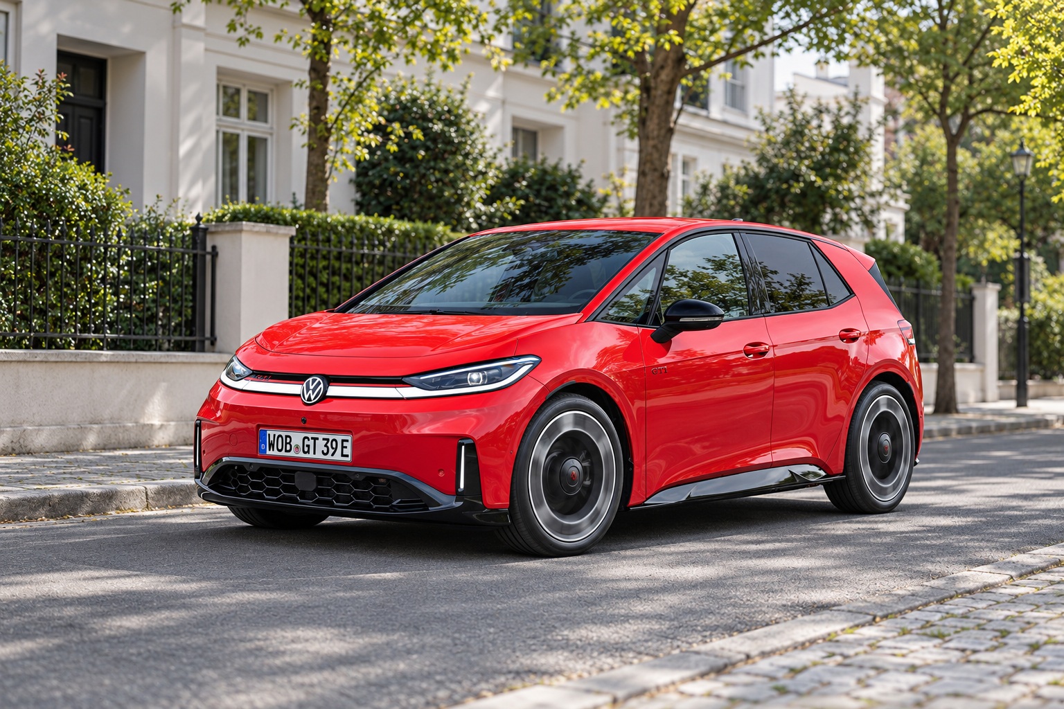 Red Volkswagen ID.3 GTI electric hatchback on a sunlit tree-lined European street.